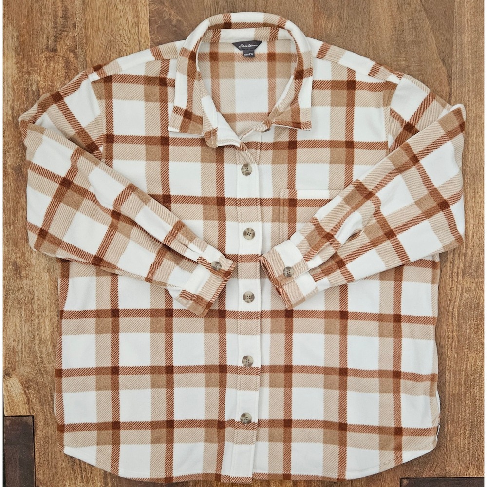 Eddie Bauer Button Up Shirt Womens 2XL Tan Plaid Microfleece Shacket Outdoors
